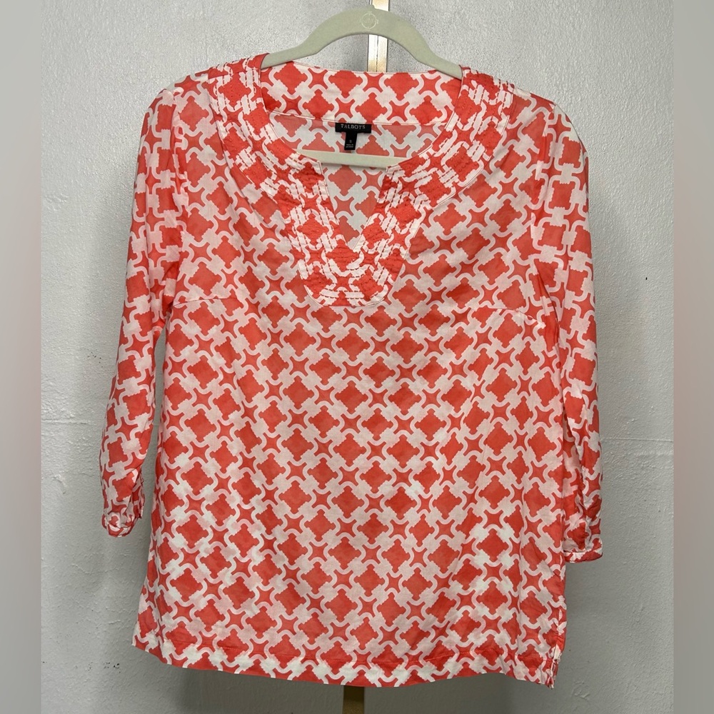 Talbots Pink/Coral and White Geometric 100% Cotton Top Size Small